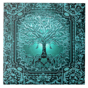 Teal Tree of Life Ancient Rustic Tile