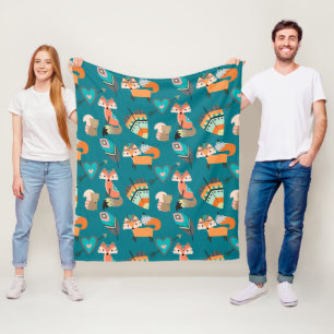 Teal Tribal Fox Pattern Fleece Blanket