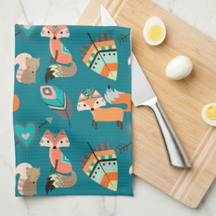 Teal Tribal Fox Pattern Kitchen Tea Towel