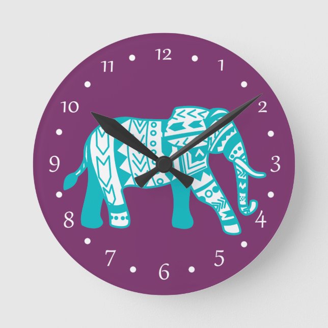 Teal Tribal Walking Elephant Round Clock (Front)