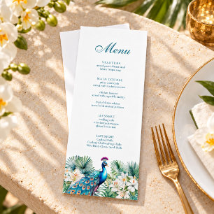 Teal Tropical Flowers Peacock Wedding Menu