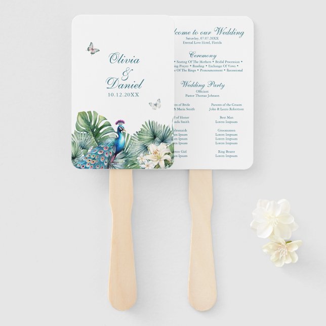 Teal Tropical Flowers Peacock Wedding Program Hand Fan (Front and Back)