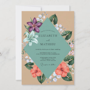 Teal Tropical Hibiscus Eucalyptus Wedding Invitation