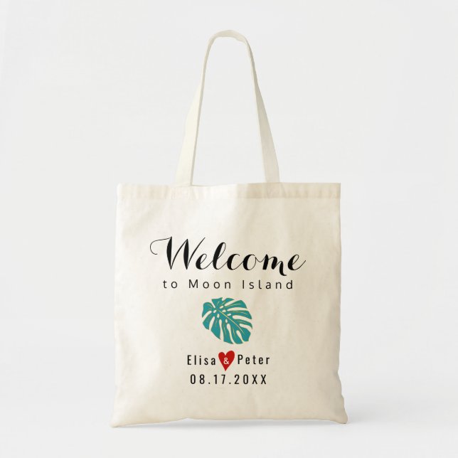 Teal tropical leaf destination wedding welcome tote bag (Front)