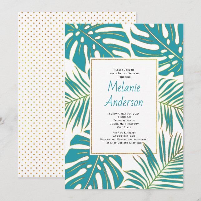 Teal tropical leaves wedding bridal shower invitation (Front/Back)