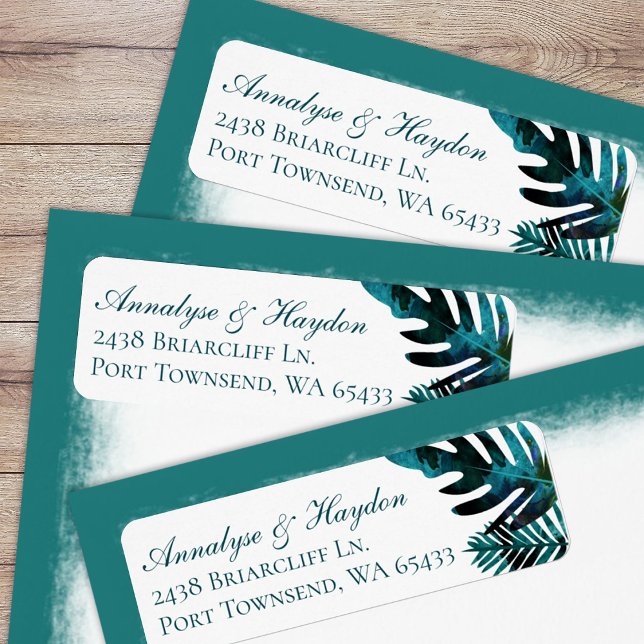 Teal Tropical Leaves Wedding Return Address (tropical teal green, turquoise island palm leaves, fern leaf, monstera return address labels)