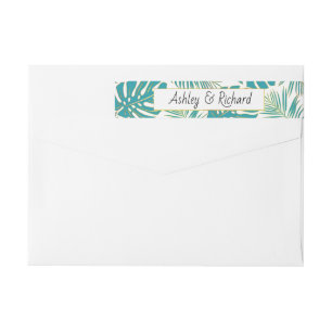 Teal tropical monstera and palm leaves wedding wrap around label