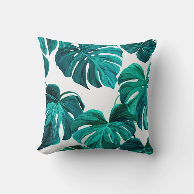 Teal Tropical Monstera Leaf Seamless Pattern Art Cushion (Front)