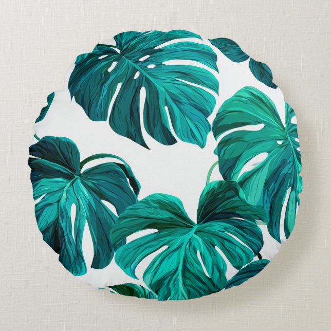 Teal Tropical Monstera Leaf Seamless Pattern Art Round Cushion (Front)