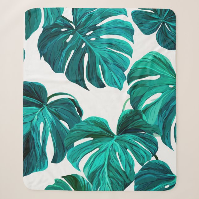 Teal Tropical Monstera Leaf Seamless Pattern Art Sherpa Blanket (Front)