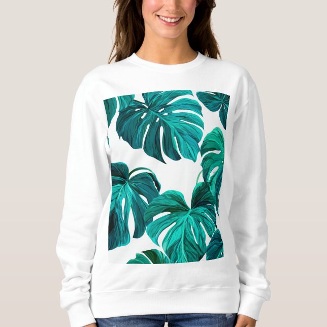 Teal Tropical Monstera Leaf Seamless Pattern Art Sweatshirt (Front)
