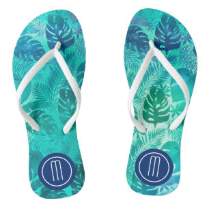 Teal Tropical Palm Leaf Monogram Jandals
