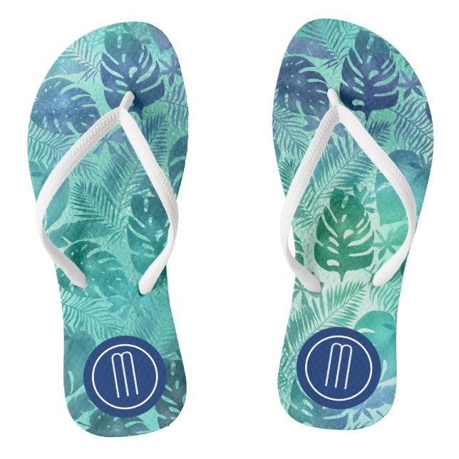 Teal Tropical Palm Leaf Monogram Jandals (Footbed)