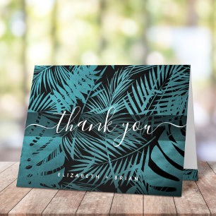 Teal tropical palm leaf pattern calligraphy script thank you card