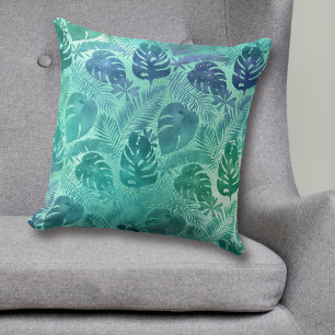 Teal Tropical Palm Leaf Pattern Cushion