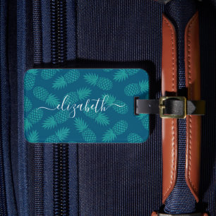 Teal tropical pineapple pattern custom name script luggage tag