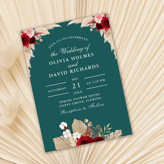 Teal Tropical Roses Wedding Invitation (Teal and burgundy wedding invitation on dry palm leaf.)