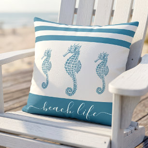 Teal turquoise 3 seahorse beach life script modern cushion
