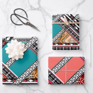 Teal - Turquoise and Coral Vintage Retro Pattern Wrapping Paper Sheet