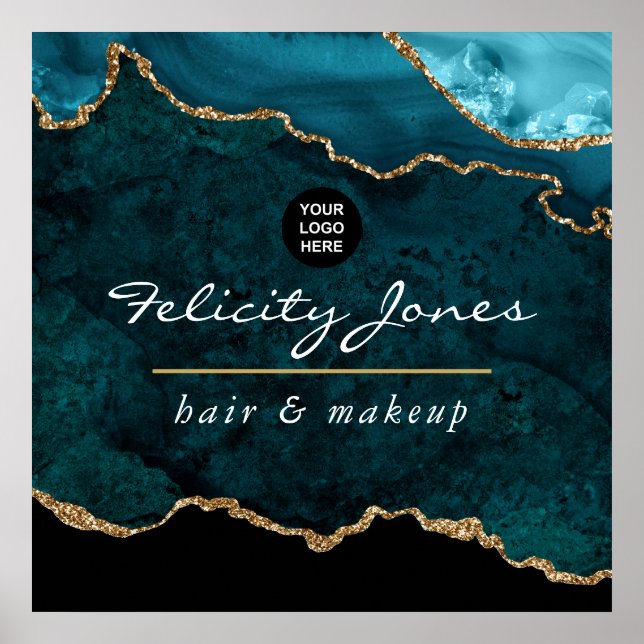 Teal - Turquoise and Gold Agate Business Poster (Front)