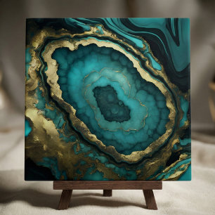 Teal Turquoise and Gold Agate Geode Liquid Marble Tile