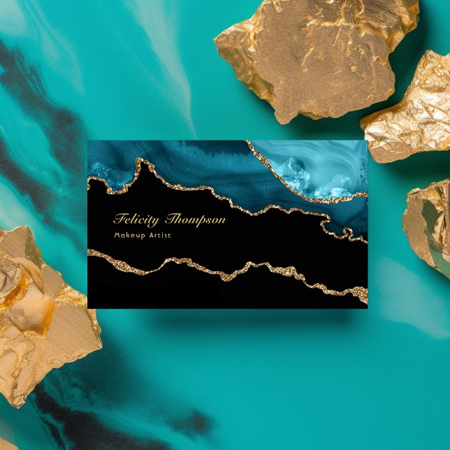 Teal - Turquoise and Gold Agate Stone QR Code Business Card (Creator Uploaded)