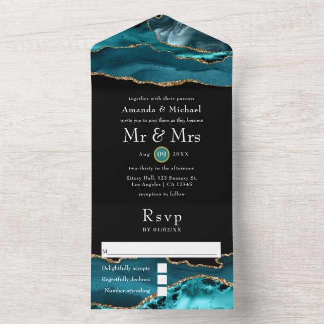 Teal - Turquoise and Gold Agate Stone Wedding All  All In One Invitation (Inside)