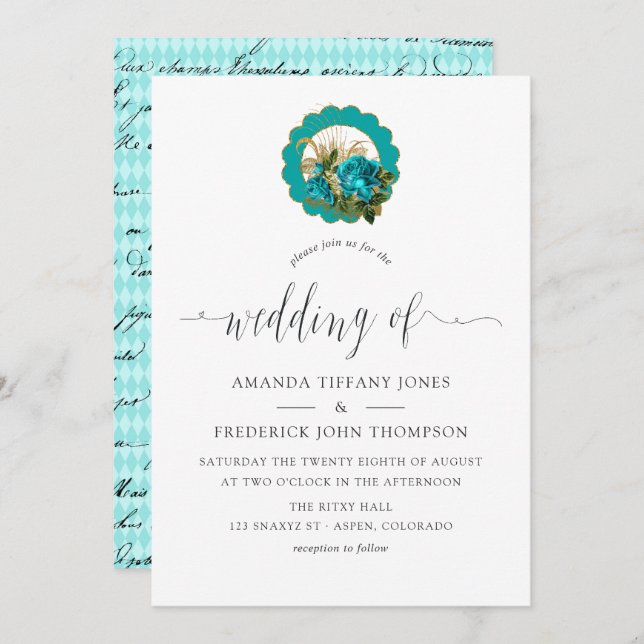 Teal - Turquoise and Gold Chic Paris Wedding Invitation (Front/Back)