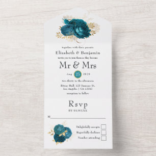 Teal - Turquoise and Gold Floral Wedding All In On One Invitation