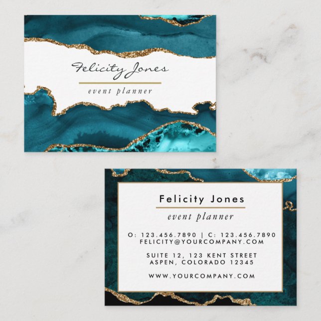 Teal - Turquoise and Gold Geode Agate Stone Business Card (Front/Back)