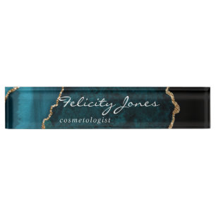Teal - Turquoise and Gold Geode Agate Stone Nameplate