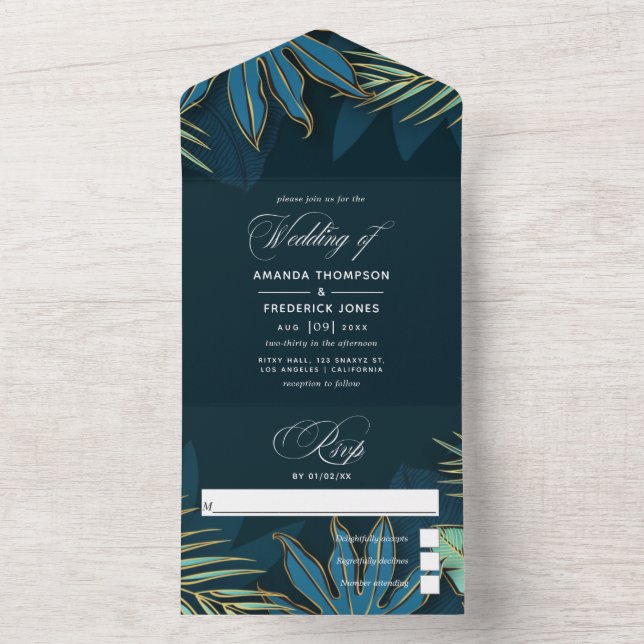 Teal - Turquoise and Gold Tropical Leaves All In O All In One Invitation (Inside)