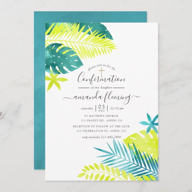 Teal - Turquoise and Lemon Tropical Confirmation Invitation (Front/Back)