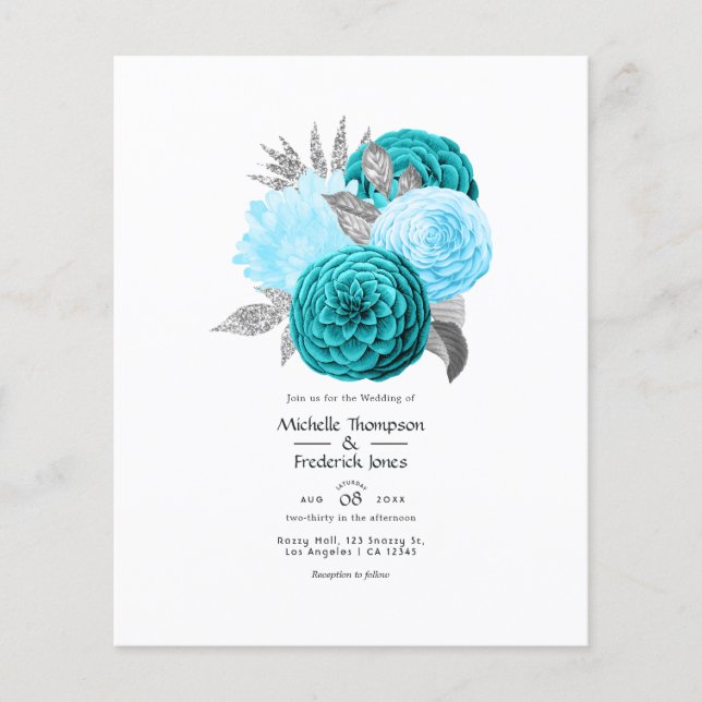Teal - Turquoise and Silver Floral Wedding Flyer (Front)