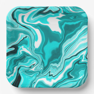 Teal, Turquoise and White Marble   Paper Plate