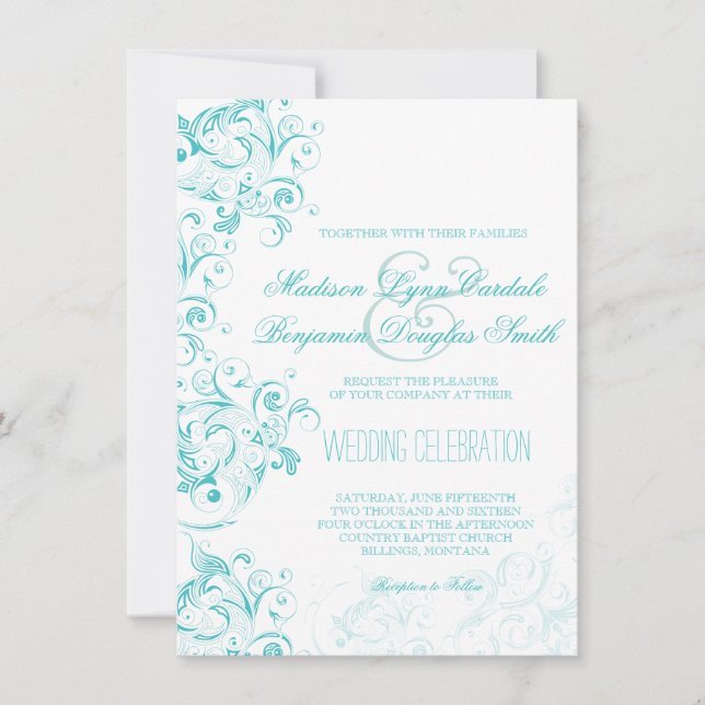 Teal Turquoise Aqua Flourish Wedding Invitations (Front)