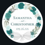 Teal Turquoise & Aqua Roses Floral Wreath Wedding Classic Round Sticker<br><div class="desc">These elegant stickers are perfect as envelope seals or gift tags. they feature a rustic boho chic design with a wreath of hand painted watercolor garden botanicals including eucalyptus leaves and greenery as well as roses in shades of teal, turquoise, aqua, and cyan. The names of the couple and wedding...</div>