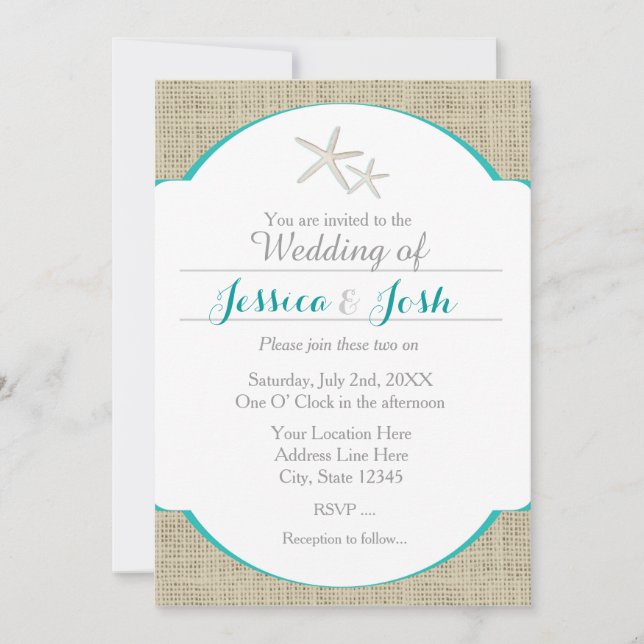 Teal Turquoise Beach Burlap Starfish Invitation (Front)