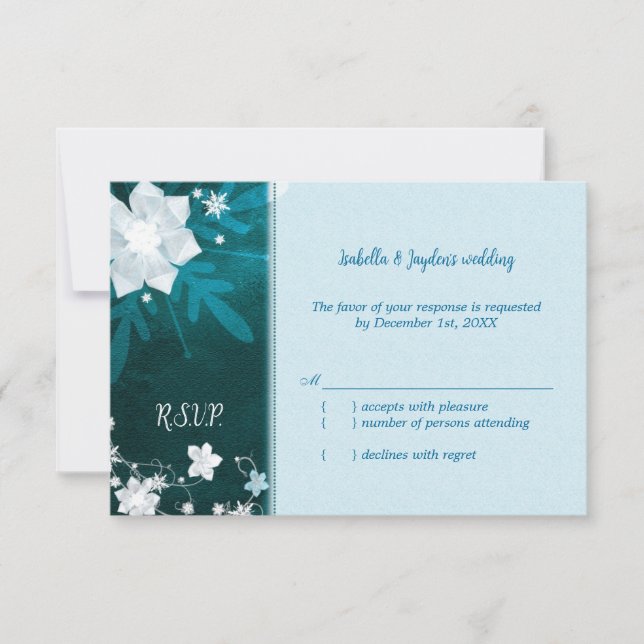 Teal Turquoise Bling Winter Wedding RSVP Card (Front)
