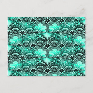Teal Turquoise Blue and Black Lace Damask Pattern Postcard