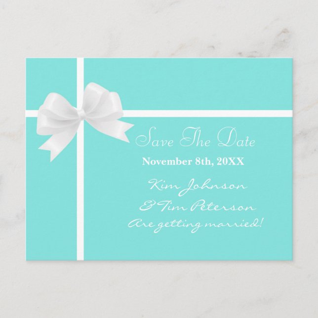 Teal Turquoise Blue & Bow Wedding Save the Date Announcement Postcard (Front)
