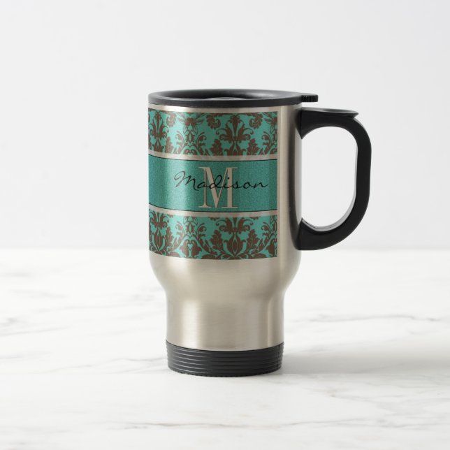 Teal Turquoise blue & Brown Damask,  Personalised Travel Mug (Right)