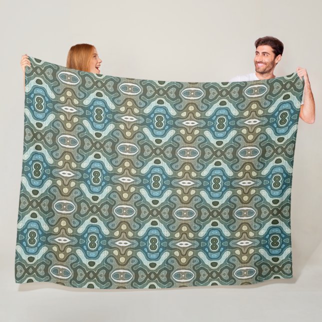 Teal Turquoise Blue Grey Brown Hip Bohemian Art Fleece Blanket (In Situ)