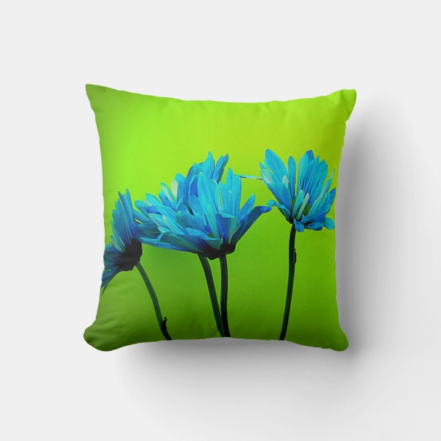 Teal Turquoise Daisies Flowers Lime Green Pillow (Front)