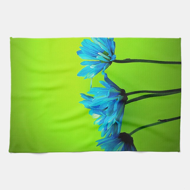 Teal Turquoise Daisies on Lime Green Flowers Gifts Tea Towel (Horizontal)