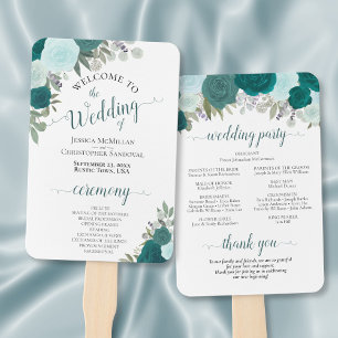 Teal & Turquoise Elegant Floral Wedding Program Hand Fan