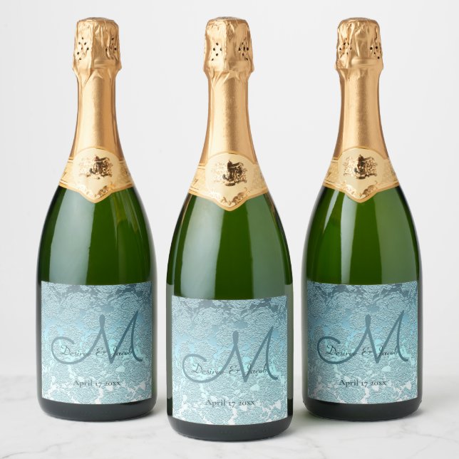 Teal Turquoise Elegant Wedding Reception Monogram Sparkling Wine Label (Bottles)