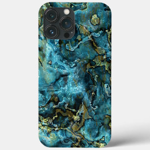Teal Turquoise Faux Gold Minerals Agate Pattern iPhone 13 Pro Max Case