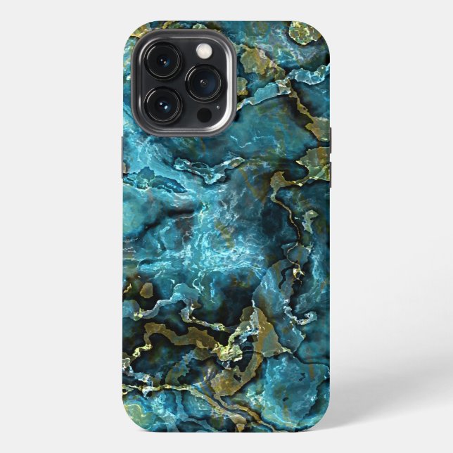 Teal Turquoise Faux Gold Minerals Agate Pattern iPhone Case (Back)