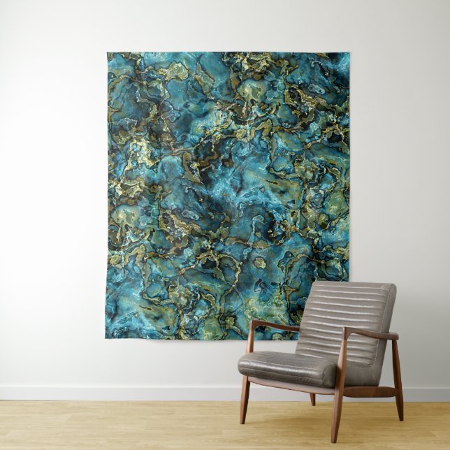 Teal Turquoise Faux Gold Minerals Agate Pattern Tapestry (In Situ)